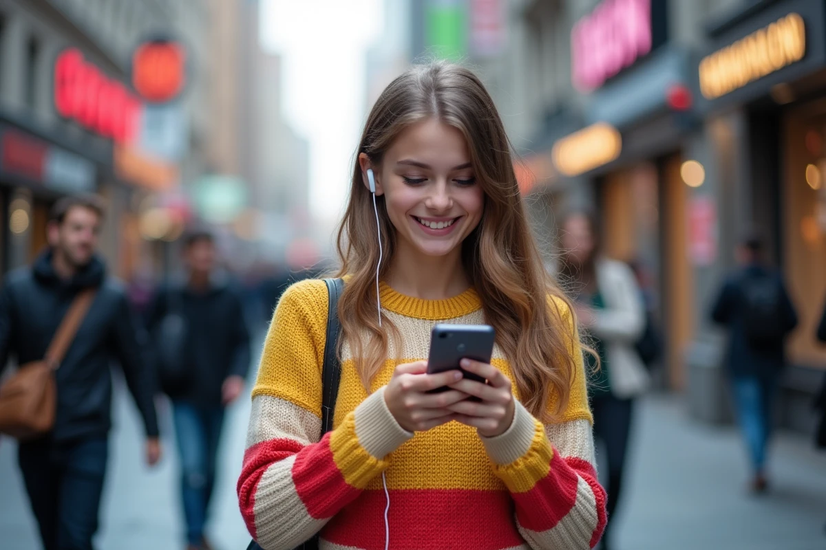 Adolescente écoutant Skyrock en région via une application radio sur smartphone en ville