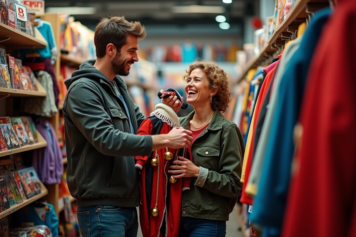 Un couple d'adultes choisissant des déguisements dans une boutique parisienne, l'homme tenant un costume de bouffon coloré