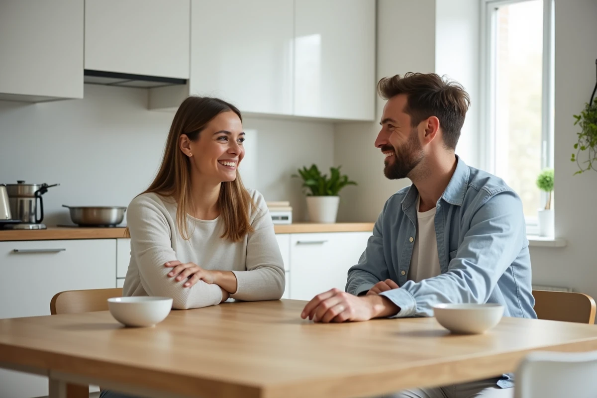 Deux amis partageant un moment de connexion inattendue à table, évoquant la synchronicité et la pensée mutuelle en psychologie