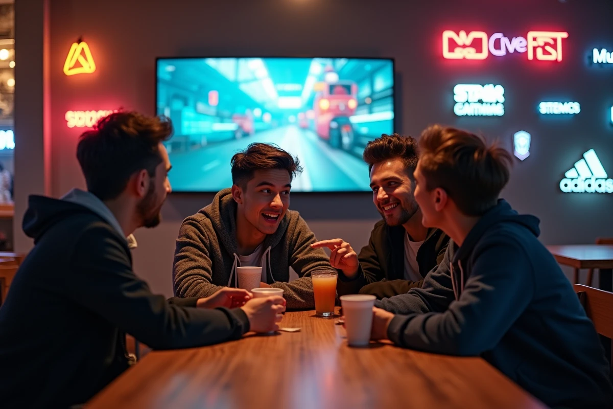 Groupe d'amis réagissant ensemble aux annonces du Summer Game Fest 2026 en regardant le stream en direct dans un lounge urbain
