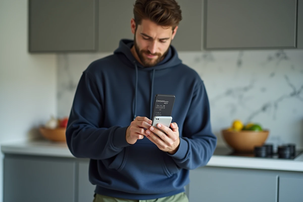 Homme consultant une application de conversion pieds centimètres sur smartphone pour un achat en ligne américain