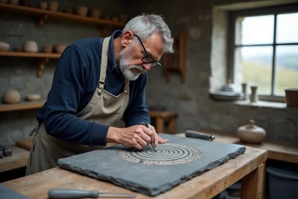Artisan breton gravant un symbole triskel sur une ardoise dans un atelier de pierre traditionnel