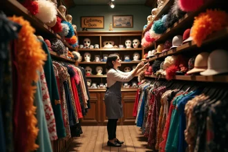 Intérieur d'un magasin de déguisements parisien avec une vendeuse rangeant des chapeaux de personnages colorés sur des étagères en bois