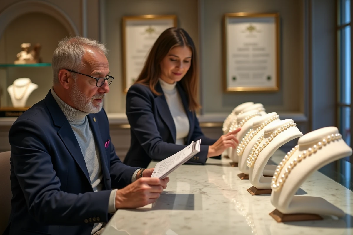 Client consultant les prix de colliers de perles huîtres dans une boutique de luxe