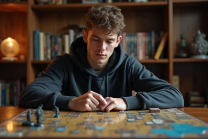 Jeune joueur découvrant le jeu de plateau Aeonscope avec ses cartes et jetons sur un bureau en bois