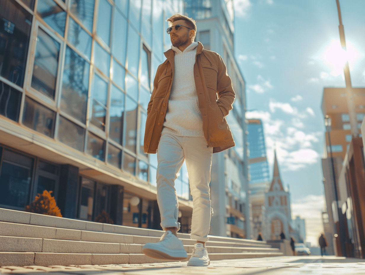 Mocassins blancs pour hommes sur un fond urbain élégant
