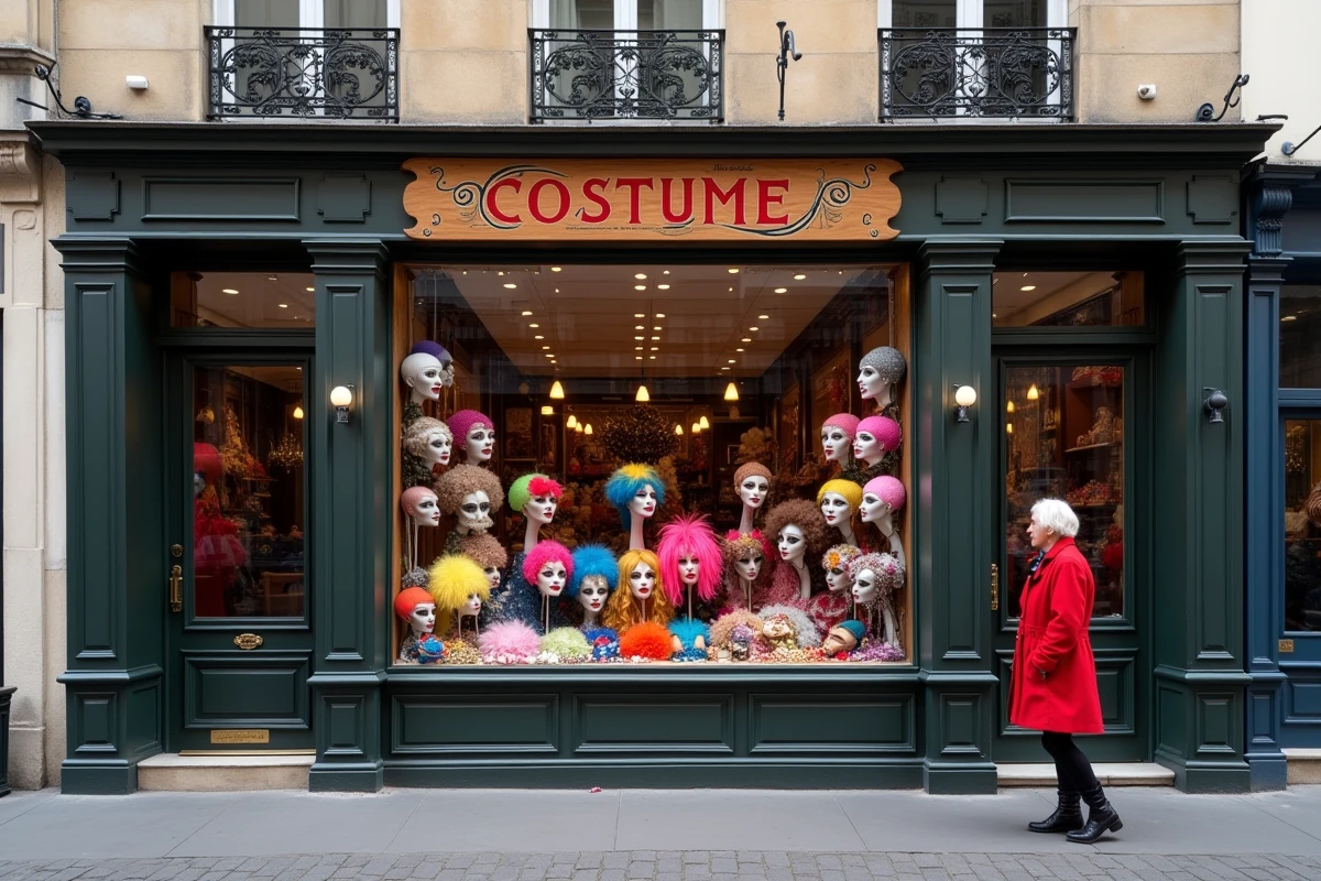 Façade d'une boutique de déguisements parisienne avec vitrine colorée sur une rue pavée typique de Paris
