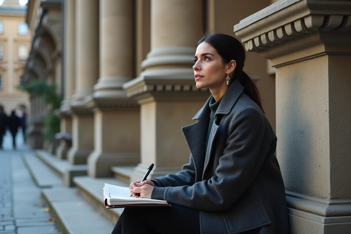 Femme pensive assise sur les marches d'un bâtiment historique avec un carnet, évoquant la recherche sur les origines et la date de naissance d'une personnalité publique