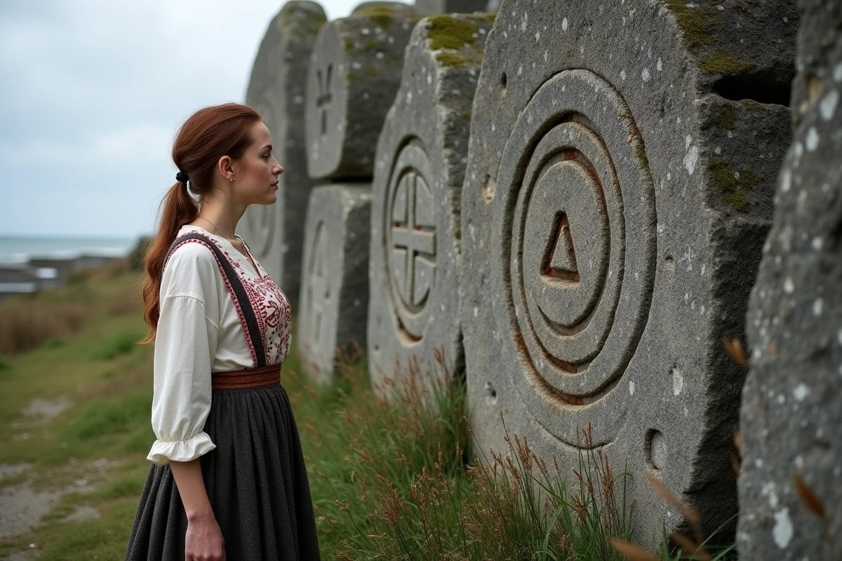 Femme en costume breton traditionnel devant une pierre gravée d'un triskel à Carnac