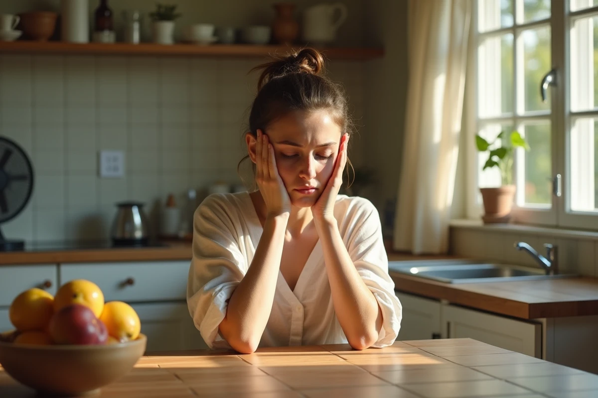 Jeune femme souffrant de la chaleur dans la cuisine