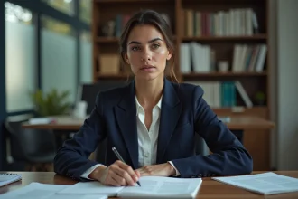 Femme d'affaires méditative assise à un bureau dans un bureau éditorial moderne, illustrant la curiosité autour de l'identité et de la date de naissance d'une personnalité publique