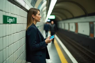 Femme tenant une carte Navigo sur le quai de la ligne 9 du métro parisien avec une rame en approche