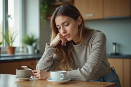 Jeune femme regardant son smartphone dans la cuisine