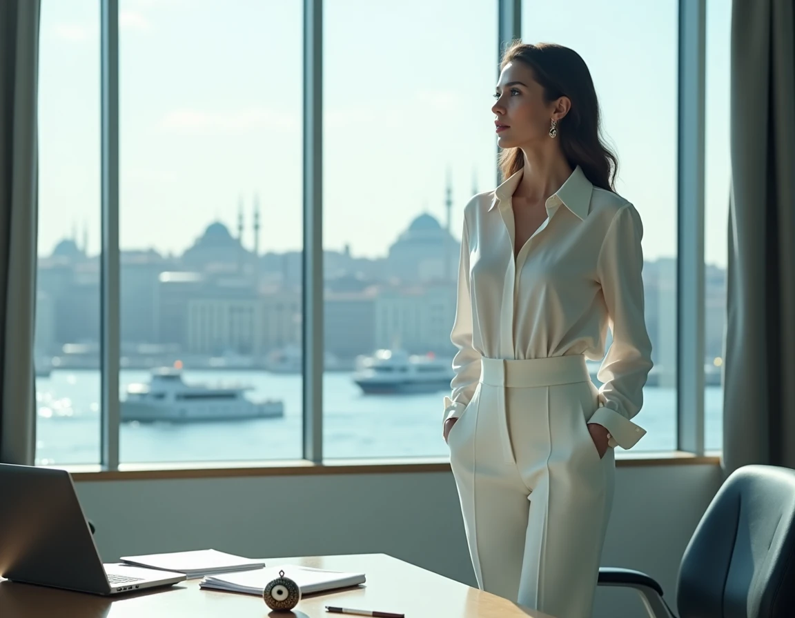 Jeune femme turque professionnelle en bureau moderne à Istanbul avec une amulette nazar sur son bureau, entre héritage culturel et vie contemporaine