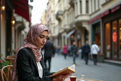 Femme turque portant un foulard floral et un blazer moderne dans un café d'Istanbul, symbolisant le mélange entre traditions et modernité