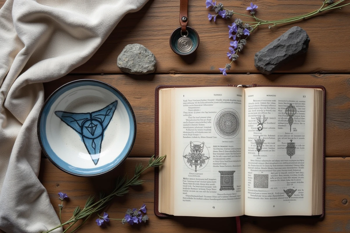 Mise à plat d'objets bretons avec triskel en céramique, pendentif argent et livre sur la symbolique celtique