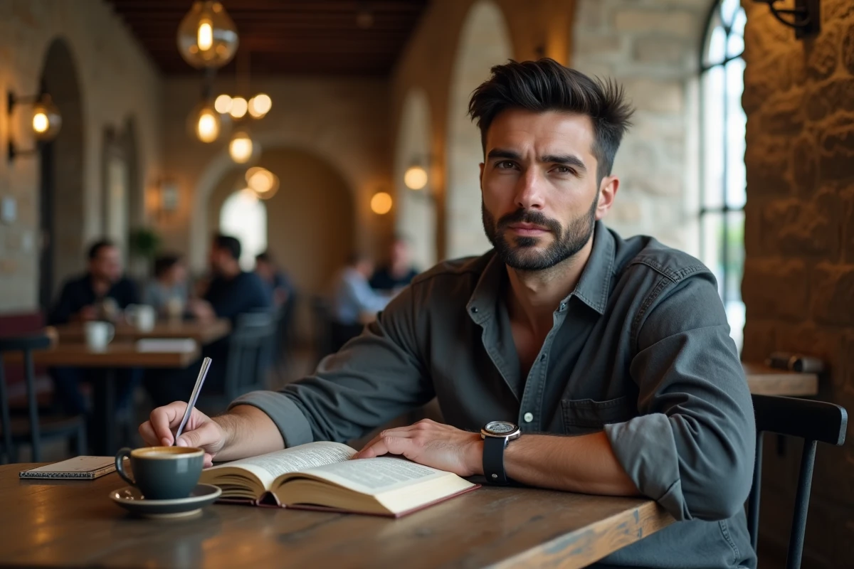 Homme lisant un roman historique dans un café en pierre de style européen avec carnet et café expresso