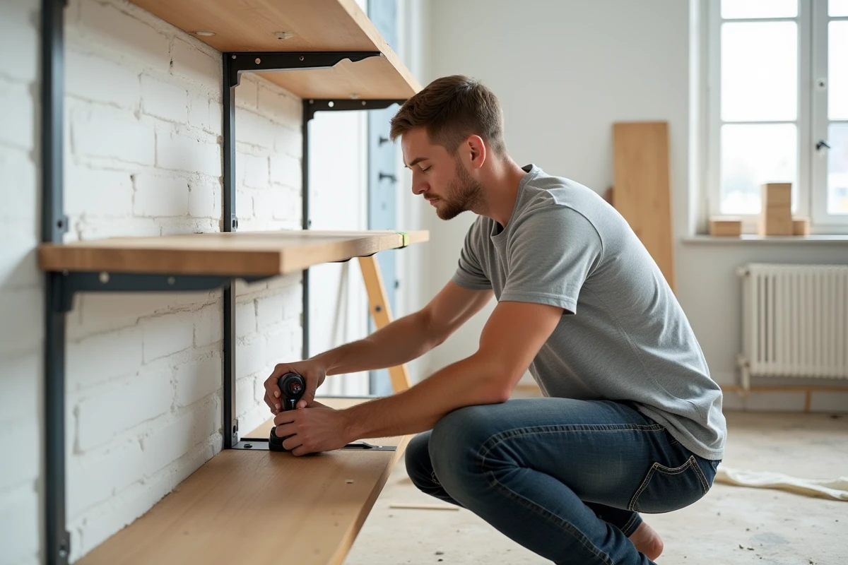Homme assemblant des étagères murales en acier en U et bois dans un salon en rénovation