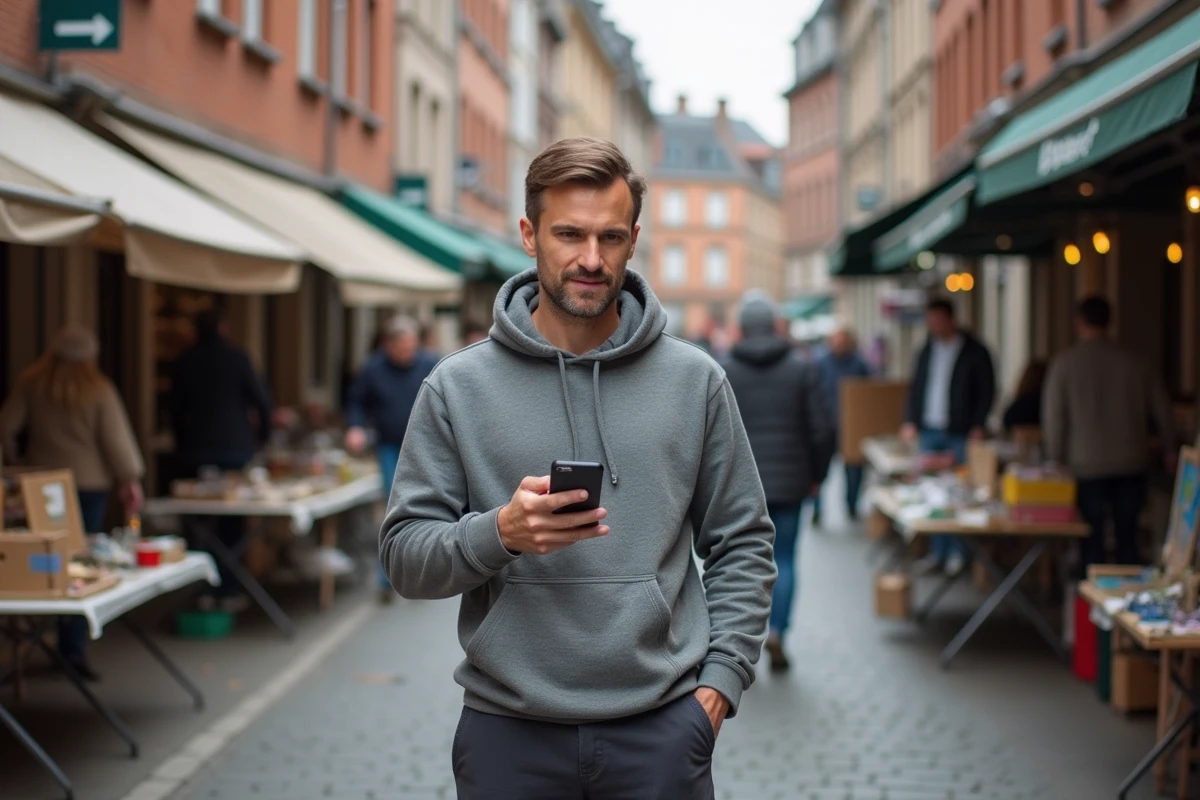 Homme consultant une application de braderie sur smartphone dans une rue animée du Nord de la France