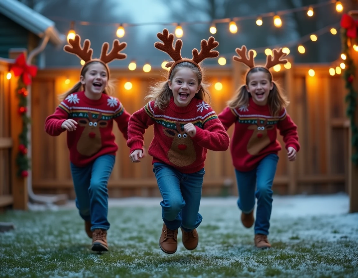 Adolescents en pull de Noël et bois de renne participant à un jeu de relais festif dans un jardin décoré