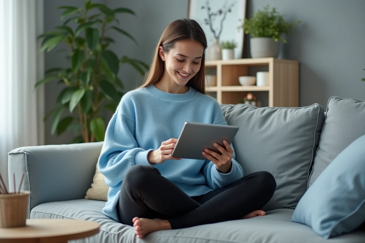 Jeune femme lisant un manhwa sur tablette dans son salon moderne, représentant l'expérience de lecture numérique d'un nouveau lecteur
