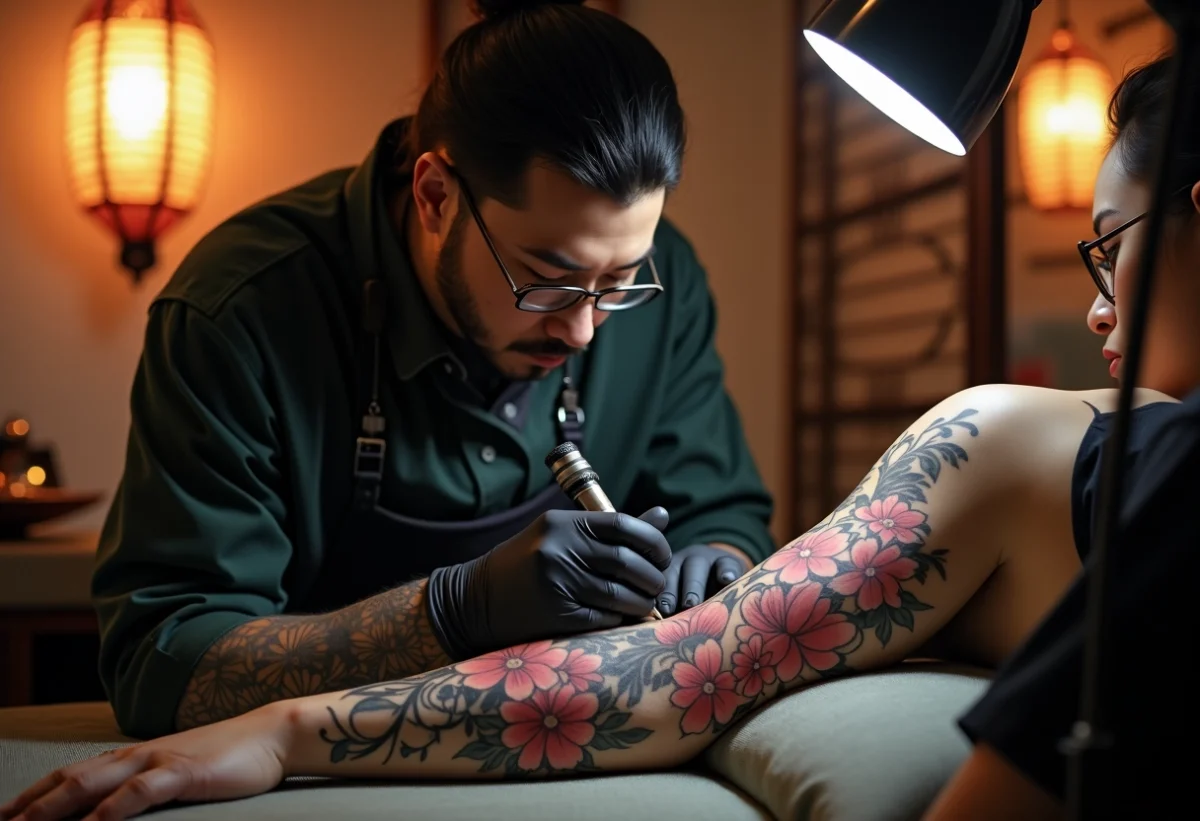 Tatouage floral japonais représentant des fleurs de cerisier et de lotus