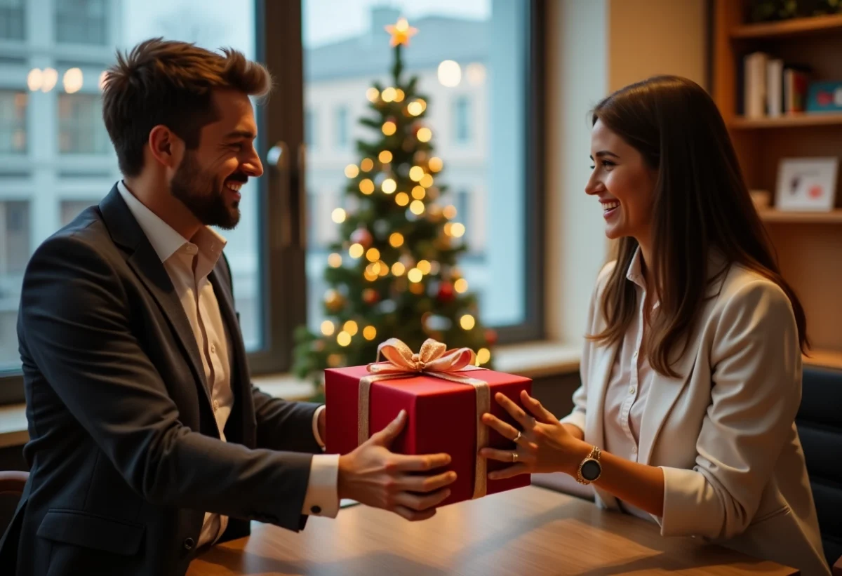 Bureau festif avec décorations de Noël pour Secret Santa