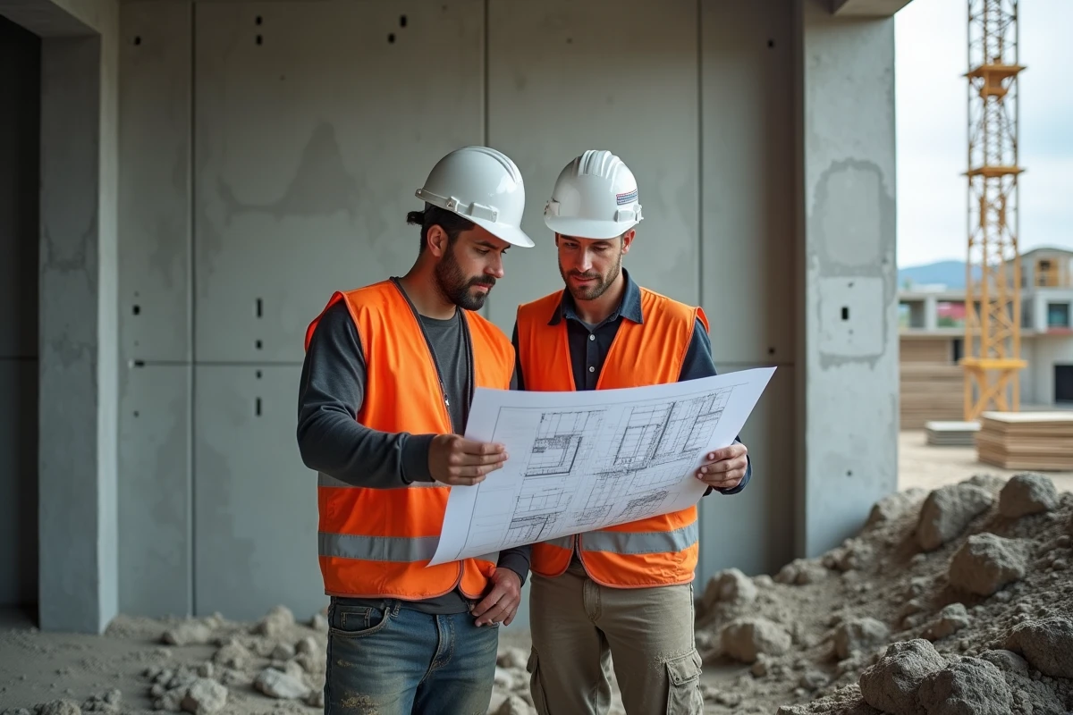 Deux ouvriers du bâtiment consultant un plan architectural devant un mur de fondation en béton banché fraîchement décoffré