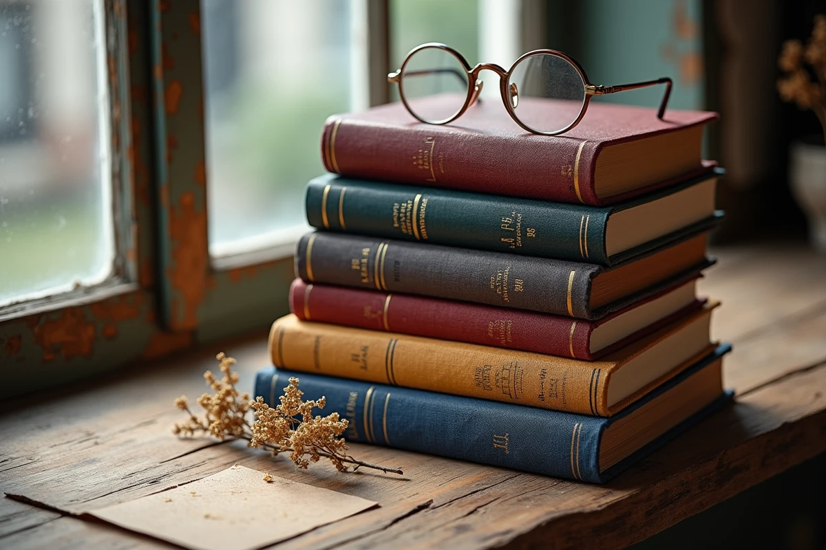 Pile de romans historiques sur une table en bois rustique avec lunettes vintage et composition éditoriale