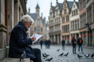 Femme consultant des mots croisés sur une place historique belge avec architecture flamande en pierre