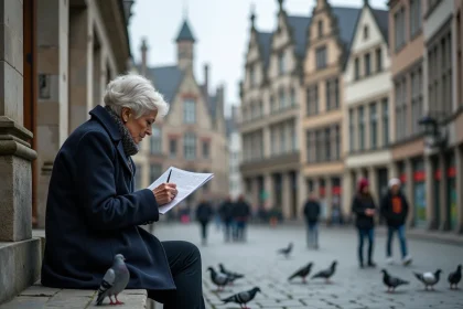 Femme consultant des mots croisés sur une place historique belge avec architecture flamande en pierre