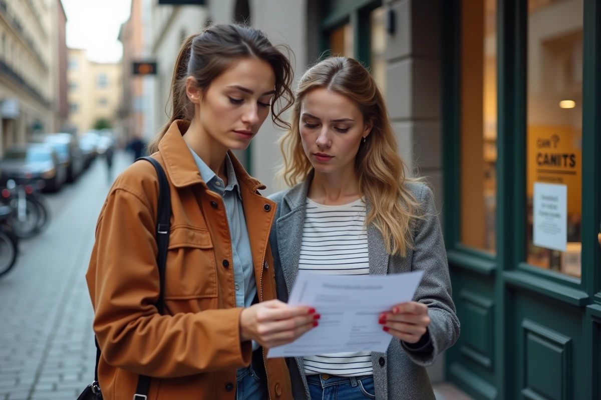 Deux femmes consultant un reçu d'expédition internationale devant un point relais en Europe