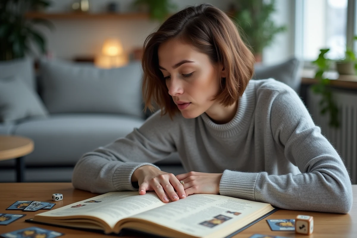 Femme adulte lisant le livre de règles du jeu Aeonscope pour comprendre les mécaniques de jeu